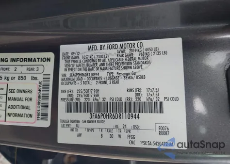 2013 Ford Fusion Se z USA, uszkodzony, nr VIN 3FA6P0HR6DR110944